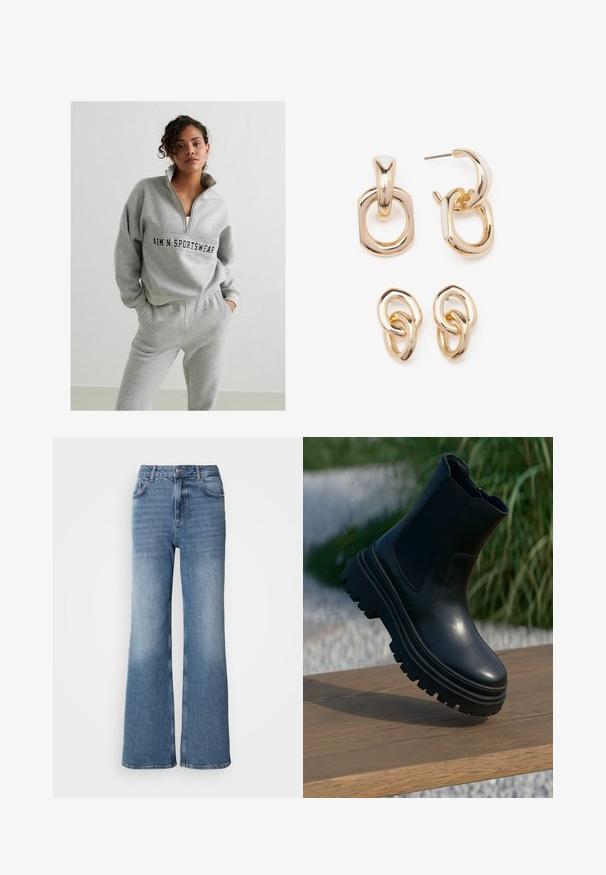 Szary sweter z suwakiem, z logo na środku. W zestawie z dopasowanymi szarymi spodniami dresowymi z elastycznym pasem.; Mos Mosh MAI granatowy; Czarny skórzany botek za kostkę z masywną podeszwą, elastycznymi bocznymi panelami i gładkim wykończeniem. Podwyższony design z kontrastowymi detalami bieżnika.; Złote kolczyki z mieszanką geometrycznych kształtów: kwadrat, okrąg i połączone owalne wzory z polerowanym wykończeniem.
