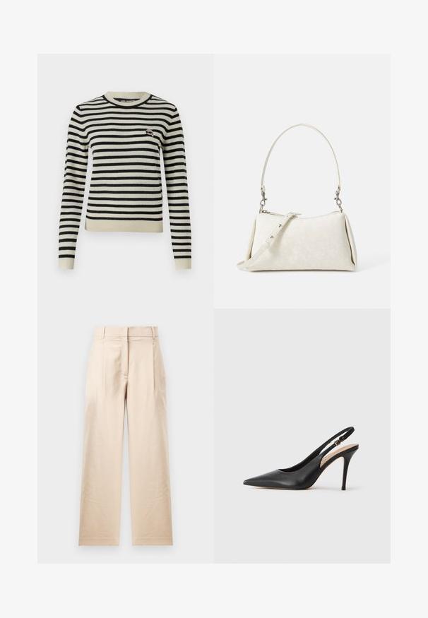 Svītrota džemperis krēmkrāsā un melnā krāsā, ribota apaļa kakla izgriezuma, garas piedurknes, pieguļošs dizains, satur mazu logotipa uzšuvumu uz krūtīm.; Bežīgas bikses, izgatavotas no gludas auduma. Raksturīga taisna fasona, plakana priekšpuse un divi kroki. Nav redzamu rakstu vai aksesuāru.; Melna ādas slingback augstpapēžu kurpe ar norādītu purngalu, gludu tekstūru un smalku siksniņu ar metalizētu sprādzi.; Balta soma ar gludu tekstūru, izliekta silueta un regulējama plecu siksna. Iezīmējas ar vienmērīgu logotipa rakstu un sudraba aksesuāriem.