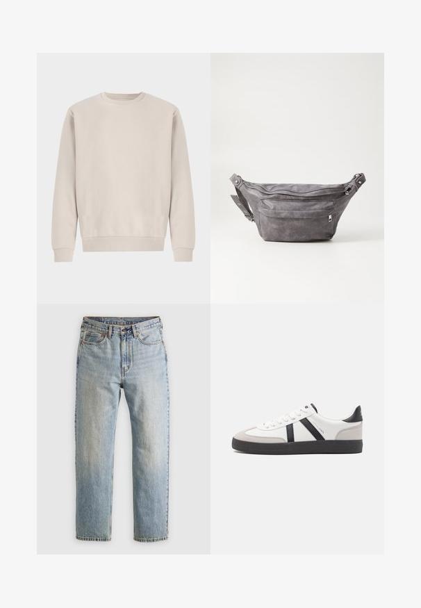 Sweatshirt beige à col rond en coton doux, avec une coupe décontractée, des poignets et un ourlet côtelés, sans motifs ni éléments métalliques visibles.; Jean en denim bleu clair à taille haute, avec bouton avant, fermeture éclair et design à cinq poches, posé à plat sur un fond neutre.; Baskets blanches avec des accents noirs et gris, présentant un embout texturé gris, une semelle en caoutchouc noir et des lacets plats blancs. Design épuré, style minimaliste.; Sac banane en suède gris avec une forme arrondie, deux compartiments zippés et une sangle réglable. Comprend des accents en métal.