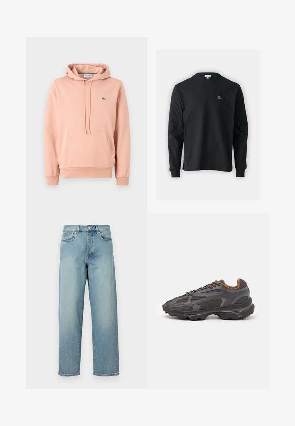 Felpa rosa realizzata in morbido tessuto, con tasca a marsupio, cappuccio con cordoncino, polsini a coste e un piccolo logo verde sul petto.; T-shirt a maniche lunghe nera in cotone, con scollatura rotonda e un piccolo logo di coccodrillo ricamato in verde sul lato sinistro del petto.; Jeans di denim azzurro chiaro con una vestibilità ampia, gambe dritte, design a cinque tasche e chiusura con bottone in vita. Dettagli di cucitura minimalista.; Sneaker Lacoste grigie scure in materiale mesh e sintetico, con suola testurizzata e dettagli marroni sul colletto e sul branding.