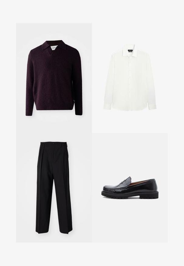Knit sweater in dark purple with a V-neck, long sleeves, and a textured finish. Features a classic collar and side label.; White long-sleeve shirt with a classic collar, button placket, and fitted cuffs. Smooth fabric with a subtle sheen. Tag visible at the neckline.; Black pleated trousers with a straight, wide-leg design. Made from smooth fabric, featuring a button closure and belt loops.; Black leather penny loafer with chunky rubber sole and moc toe stitching, shown in profile on a white background.