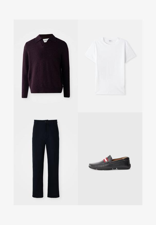 Tamsiai violetinė megzta svajone su V formos iškirpte, ilgomis rankovėmis ir tekstūruotu paviršiumi. Yra klasikinė apykaklės ir šoninė etiketė.; Balta medvilninė marškinėlių, apvalia iškirpte, trumpomis rankovėmis, lygia tekstūra, be raštų ar akcentų, paprastas dizainas, standartinio kirpimo.; Tamsiai mėlynos medvilninės kelnės, turinčios tiesioginį kirpimą, priekyje užsegamos mygtuku ir klasikine juosta su dirželio kilpom.; Juodos odinės slip-on tipo bateliai su tekstūruota paviršių, raudonu ir baltu dryžuotu akcentu ant viršaus, apvaliu nosiu ir guminėmis padangomis.