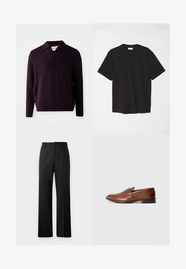 Sötétlila kötött pulóver V-kivágással, hosszú ujjakkal és texturált felülettel. Klasszikus gallérral és oldalsó címkével rendelkezik.; Fekete pamut póló kerek nyakkal, rövid ujjakkal és laza szabással. Egyszerű dizájn, sima textúra, látható minták vagy logók nélkül.; Fekete egyenes szabású nadrág övhurkokkal, elülső gombbal és cipzárral, egyszerű fehér háttér előtt bemutatva.; Barna bőr loaferek lekerekített orral, minimális varrással és alacsony blokk sarkú kialakítással. Díszítő pánt található a felsőrészen.
