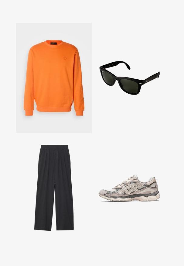 Oranžs kokvilnas džemperis ar apaļu kaklu, garām piedurknēm un ribotiem aprocēm. Iezīmējies ar mazu izsistētu logotipu uz krūškurvja.; Balta krekla ar garām piedurknēm un vertikālām tumši zila svītrām, ar krūšu kabatu un klasisku apkakli. Gluda auduma, atvieglota piegrieze.; Platas piegriezuma bikses no tumši pelēka auduma. Iezīmes - izgriezumi jostasvietā, veidota forma un taisna silueta.; Gaišs pelēks sporta apavs ar acu un zamša augšdaļu. Iespējo samazinātu zoli, izteiktas pārklāšanas un strukturētu dizainu.; Melnās plastmasas saulesbrilles ar tumši zaļiem lēcām. Kvadrāta rāmja dizains ar sudraba akcentiem un izvirpotu logo uz tempļa.