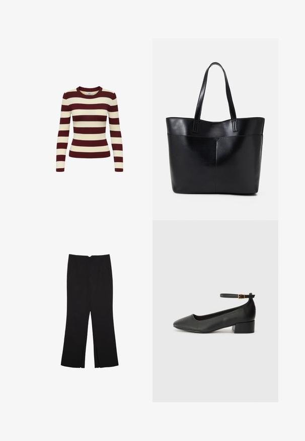 Pulover z dolgimi rokavi, z žametenim vzorcem v bordo in kremnih horizontalnih črtah, okroglo ovratnico in prilegajočo se zasnovo, ki nudi teksturiran videz.; Črne hlače ravnega kroja z naglavnimi žepi in stranskimi razporki na robu. Narejene iz mehke, gladke tkanine. Primerne za različne priložnosti.; Črne usnjene pumpice z nazobčanimi prsti in nizko blokasto peto. Imajo trak okoli gležnja z zaponko v zlatem tonu. Gladka tekstura.; Črna usnjena torba z dvema dolgima ročajema, gladko teksturo in strukturirano obliko. Ima sprednji žep za dodatno shranjevanje.