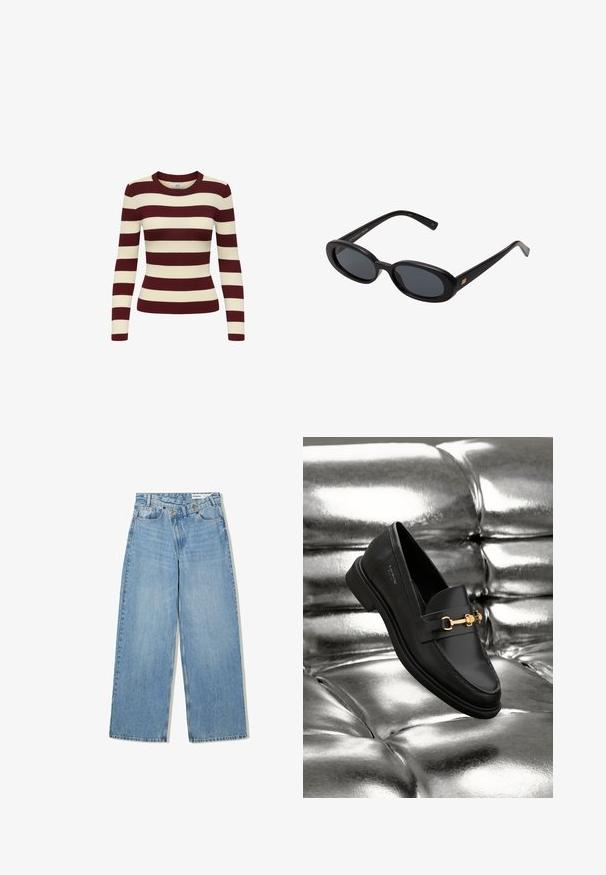 Pitkähihaine ribbipaitojen, joissa on maroonin ja kermanväriset vaaka-raidat, pyöreä pääntie ja muotoiltu malli, joka tarjoaa teksturoidun ilmeen.; Vaaleansiniset leveälahkeat farkut, joissa on korkea vyötärö, viisi taskua, nappikiinnitys ja hienovarainen kuluminen tekstuurin lisäämiseksi.; Musta nahkakengät loafer-tyylissä, jossa on kultasävyinen yksityiskohta. Kengässä on tyylikäs muotoilu ja sileä, kiiltävä pinta.; Mustat ylisuuruiset aurinkolasit, jotka ovat soikeat linssit, sileä muovikehys ja kultaiset korostukset temppeleissä. Tummat linssit tarjoavat suojaa auringolta.; Pehmeä ruskea hobo-tyylinen käsilaukku, jossa on yksi leveä olkahihna ja kaareva yläosan aukko, esitelty valkoista taustaa vasten.