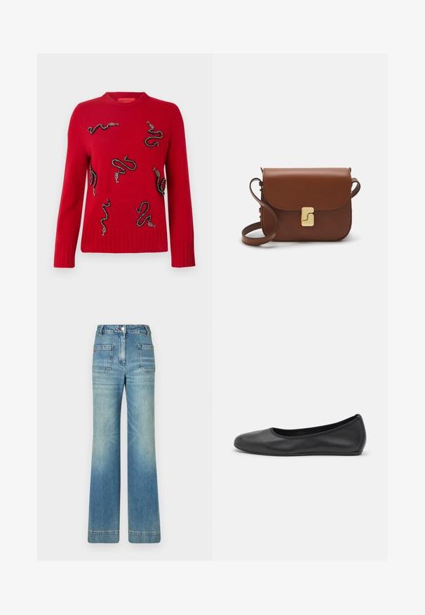 Red knitted sweater featuring decorative snake designs embellished with beads, ribbed cuffs and hem, and a crew neckline.; White short-sleeve t-shirt made of ribbed fabric. Round neckline, regular fit, and subtle stitching details. No patterns or graphics.; Light blue denim flared jeans with five pockets, belt loops, button closure, and a slightly faded texture, featuring a red logo detail on the back.; Black leather ballet flat with a rounded toe, smooth texture, minimal stitching detail, and a flexible sole design.; Brown leather handbag with a flap closure, gold-tone hardware, a shoulder strap, and a smooth texture. Compact rectangular shape.