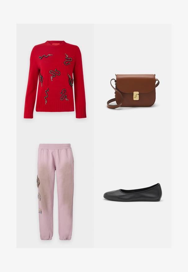 Red knitted sweater featuring decorative snake designs embellished with beads, ribbed cuffs and hem, and a crew neckline.; White short-sleeve t-shirt made of ribbed fabric. Round neckline, regular fit, and subtle stitching details. No patterns or graphics.; Pink sweatpants with an elastic waistband, featuring decorative patches in diamond shapes on the left side and elastic cuffs at the ankles.; Black leather ballet flat with a rounded toe, smooth texture, minimal stitching detail, and a flexible sole design.; Brown leather handbag with a flap closure, gold-tone hardware, a shoulder strap, and a smooth texture. Compact rectangular shape.
