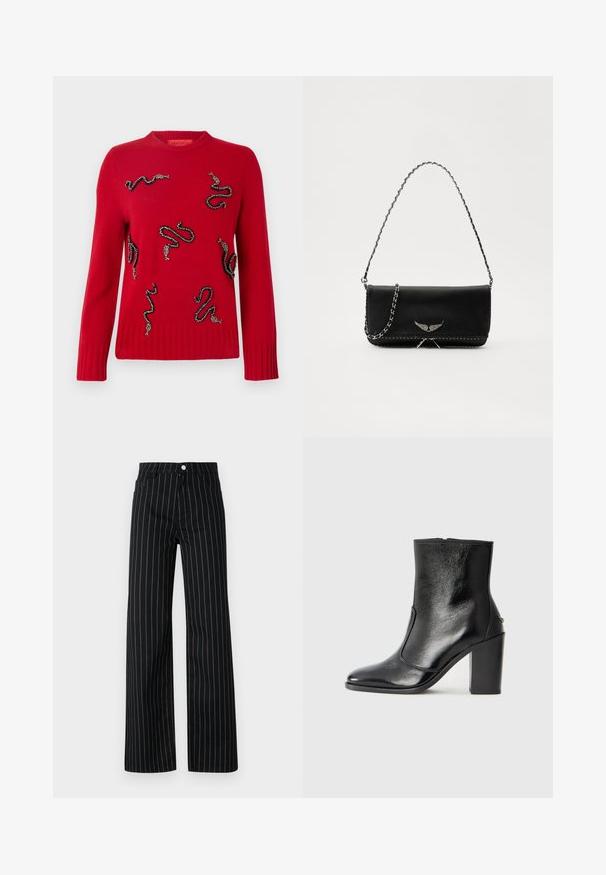 Rot gestrickter Pullover mit dekorativen Schlangendesigns, verziert mit Perlen, mit Rippenbündchen und Saum sowie einem Rundhalsausschnitt.; Schwarze weit geschnittene Hose mit vertikalen blauen Streifen, die ein klassisches Fünf-Taschen-Design und einen Frontknopfverschluss aufweist.; Schwarze Leder-Stiefelette mit glatter Textur, spitzem Fuß und klobigem hohen Absatz. Verfügt über eine seitliche Öffnung und ein minimalistisches Design.; Schwarze Lederhandtasche mit einem silbernen Kettenriemen, verziert mit dekorativen Flügelakzenten und weißen Nähten entlang der unteren Naht.