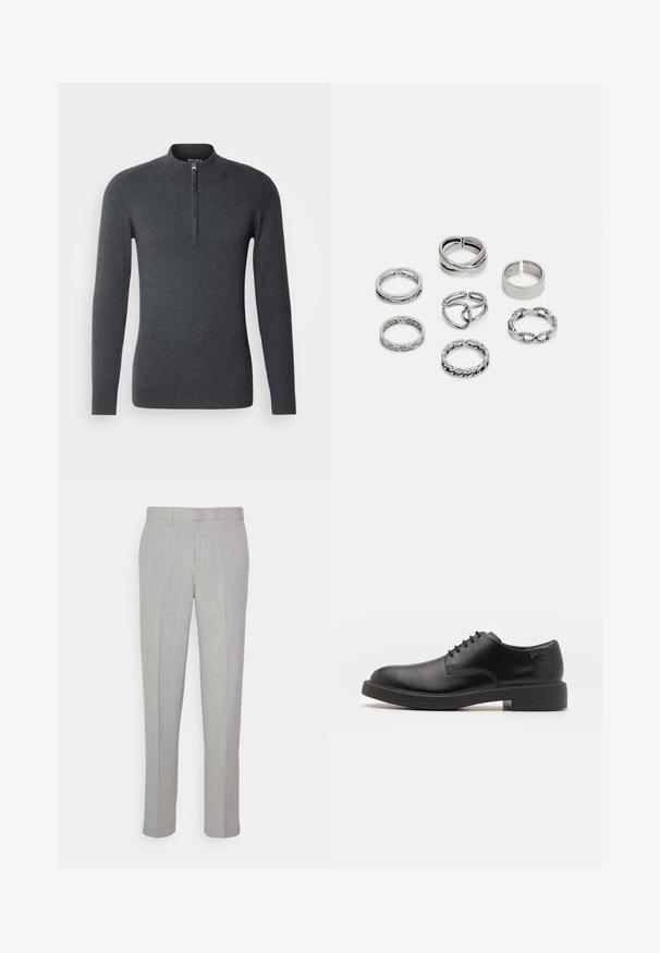 Dunkelgrauer Pullover mit hohem Kragen und kurzem Reißverschluss an der Vorderseite. Aus weichem, strukturiertem Stoff mit langen Ärmeln und gerippten Bündchen.; Hellgraue Hose mit glatter Textur, flachem Front und geraden Beinen. Aus atmungsaktivem Material gefertigt, mit Innentaschen und Gürtelschlaufen.; Schwarzer Leder-Schnürschuh mit abgerundetem Zeh, glatter Textur, minimaler Naht und niedrigem Gummiabsatz. Logo auf der Ferse.; Set aus sieben silbernen Ringen mit verschiedenen Designs, einschließlich verdrehter, verbundener und gravierter Muster. Unterschiedliche Formen und Breiten.