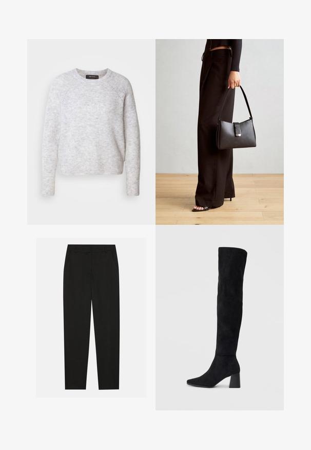 Mos Mosh TAMMY THORA - Strickpullover - light grey; Schwarze Hosen mit taillierter Passform, ausgestattet mit seitlichen Taschen und geradem Bein. Hergestellt aus glattem, leichtem Stoff mit einem eleganten Finish.; Schwarze Wildleder-Stiefel bis zum Knie mit Blockabsatz, spitzer Zehe und glattem, nahtlosem Design auf einem schlichten, hellen Hintergrund.; Schwarze Handtasche mit strukturierter Form, glatter Textur und einem metallischen Verschluss. Kombiniert mit weiten schwarzen Hosen und offenen Sandalen auf einem Holzboden.