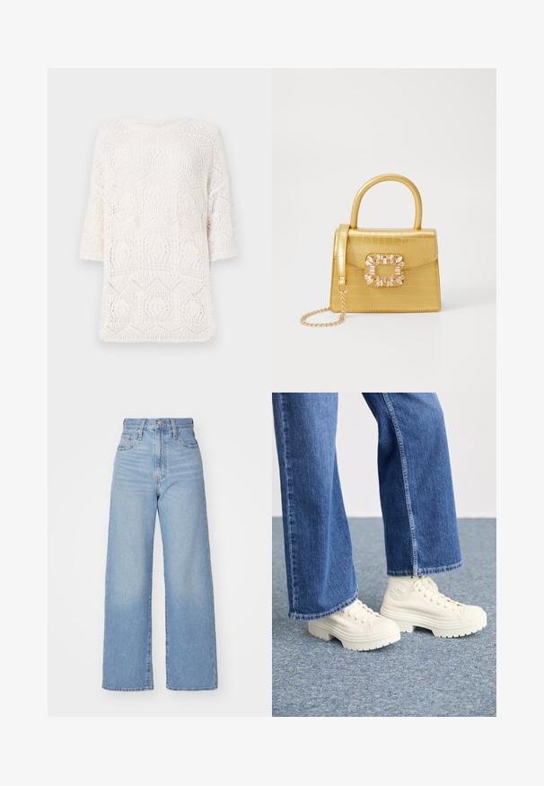 Bela pletena majica z geometrijskim odprtim vzorcem, okroglim izrezom in kratkimi rokavi. Lahka in teksturirana tkanina.; Svetlo modri visokorasli široki traper hlače z sprednjim gumbom in zadrgo, sprednjimi in zadnjimi žepi, na belem ozadju.; Bele zimske superge z debelimi, rebrastimi podplati in krožnim logotipom, oblečene z svetlo modrimi, širokimi kavbojkami.; Rumeno usnjeno-usnje z vzorcem krokodila, s strukturiranim dizajnom, zgornjo ročajem, snemljivo verižico in dekorativnim kristalnim okrasjem na zaponki.