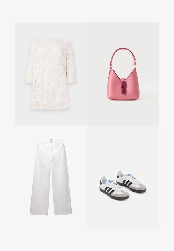 Weißes gestricktes Oberteil mit einem geometrischen Löchermuster, rundem Ausschnitt und kurzen Ärmeln. Leichter und strukturierter Stoff.; Weiße weit geschnittene Jeans aus Denim. Mit Knopfverschluss, Vorder- und Gesäßtaschen sowie gesteppten Nähten. Glatte Textur mit minimalen Details.; Sportschuhe mit einem Obermaterial aus weißem Leder, grauer Wildleder-Zehenkappe und drei schwarzen Streifen. Sie verfügen über ein blaues Logo auf der Zunge und eine strukturierte Gummisohle.; Rosa Lederhandtasche mit strukturiertem Design, ausgestattet mit einem glänzenden Verschluss und einem einstellbaren Gurt. Texturierte Oberfläche mit goldfarbenen Beschlägen.