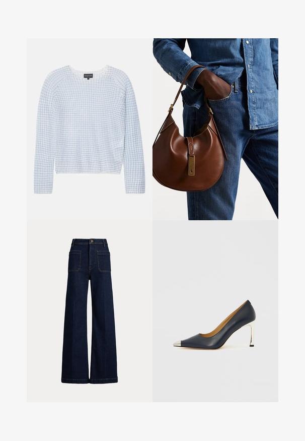 Gaiši zils džemperis ar teksturētu režģa rakstu, apaļa izgriezuma kakla, un garām piedurknēm. Izgatavots no mīksta auduma, ar īsinātu garumu.; Platām kājām tumši zilas džinsu bikses ar augstu jostasvietu, piecu kabatu dizainu un kontrastējošu šuvi. Iekļauj poga aizdari un strukturētu formu.; Tumši zila ādas augstpapēžu kurpe ar smailu purngalu, kas izceļas ar sudrabotu metālisku uzgali un spīdīgu sudraba stilettos papēdi.; Brūna ādas hobo soma ar noapaļotu formu, ar zelta aparatūras akcentu un kontrastējošiem diegiem. Apvienota ar džinsa kreklu un džinsiem.