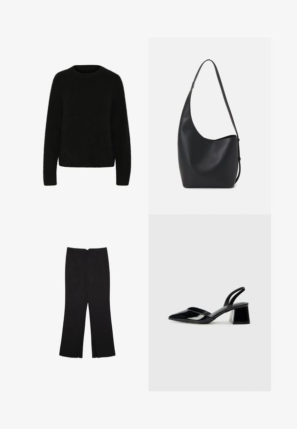 Mustapaita, joka on valmistettu pehmeästä, pörröisestä materiaalista. Siinä on pyöreä pääntie, pitkät hihat ja ribbaushelma. Yksinkertainen muotoilu ilman kuvioita tai yksityiskohtia.; Mustat housut suoralinjaisella leikkauksella, joissa on etutaskut ja sivurei'ät helman alla. Valmistettu pehmeästä ja sileästä kankaasta. Sopii eri tilaisuuksiin.; Mustat patentoitu nahkakengät, joissa on säären takaosa ja terävä kärki, sekä geometrinen palikkakorko. Sisältää tyylikkään, minimalistisen muotoilun ja sileän pinnan.; Musta nahkainen hobo-laukku, jossa on sileä pinta, kaareva muoto ja yksi säädettävä olkahihna; sisäänkäynti on leveä ylhäältä.