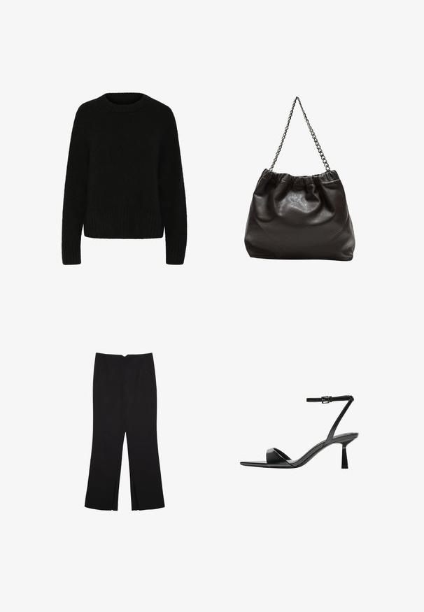 Črn pulover iz mehkega, puhastega materiala. Ima okroglo izrezan vrat, dolge rokave in rebrast rob. Preprost dizajn brez vzorcev ali okraskov.; Črne hlače ravnega kroja z naglavnimi žepi in stranskimi razporki na robu. Narejene iz mehke, gladke tkanine. Primerne za različne priložnosti.; Bershka Sandali z visoko peto - black; Rjava usnjena torba z nabranim vrhom in verižnim trakom. Gladka tekstura z sijajno površino in subtilnimi šivi na straneh.