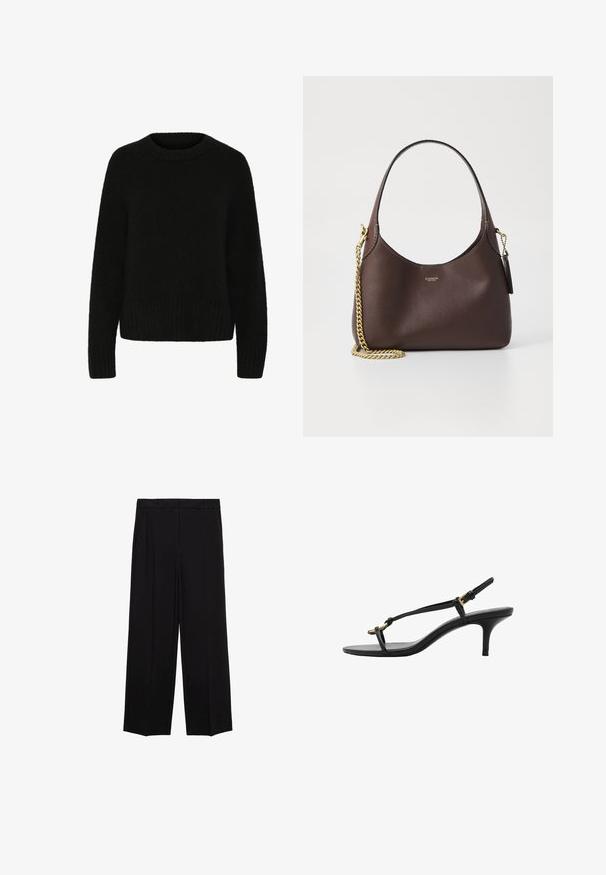 Pull noir en matière douce et duveteuse. Il possède un col rond, des manches longues et un ourlet côtelé. Design simple sans motifs ni accents.; Pantalons larges noirs en tissu lisse, avec des plis sur le devant et des poches latérales, conçus avec une coupe droite et décontractée.; Sandale à talon aiguille noire en cuir avec des fines bandoulières, boucle dorée et une boucle pour les orteils minimaliste sur fond blanc.; COACH BROOKLYN SHOULDER BAG 23 - Sac à main - maple