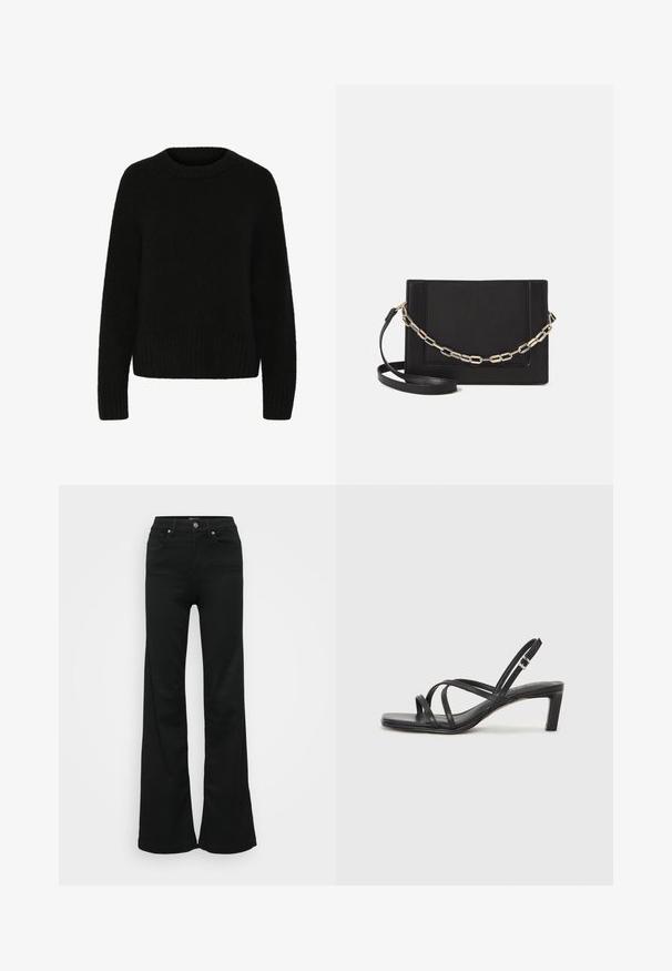 Schwarzer Pullover aus weichem, flauschigem Material. Mit rundem Ausschnitt, langen Ärmeln und geripptem Saum. Schlichtes Design ohne Muster oder Akzente.; Schwarze, ausgestellte Jeans aus Denim, mit hoher Taille, fünf Taschen und Metallknopfverschluss. Glatte Textur mit minimaler Gestaltung.; Schwarze Sandale mit Riemchen, quadratischer Zehenform und niedrigem Blockabsatz. Verfügt über mehrere dünne Riemen und einen verstellbaren Knöchelriemen. Hergestellt aus glattem Leder.; Schwarze Leder-Crossbody-Tasche mit glatter Textur, rechteckiger Form und metallic-kettendetail auf der Vorderseite. Verstellbarer Gurt inklusive.
