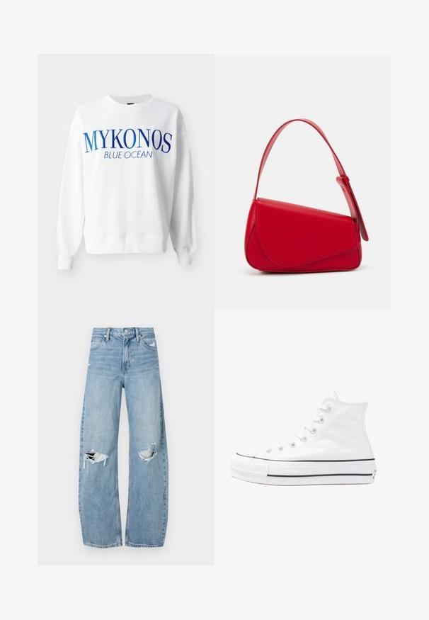 Vit sweatshirt med blå text "MYKONOS BLUE OCEAN". Har rund halsringning, långa ärmar och ribbade muddar och nederkant. Mjuk bomullsmaterial.; Ljusblå, högmidjade jeans i denim. Har vida ben, två slitna knäområden och klassisk femfickedesign.; Vit hög topp canvas sneaker med svart gummisulan, framsidan gummitåhätta och sex öglor för snören, med en ren, minimalistisk design.; Röd läderhandväska med en vinkelrät, geometrisk design. Har ett justerbart axelband och en klaffstängning med sydda detaljer.