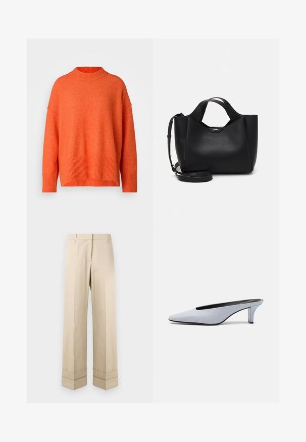 Orangenes, übergroßes Sweatshirt mit hohem, geripptem Kragen und geripptem Saum. Weicher, strukturierter Stoff mit überschnittenen Schultern und lässiger Passform.; Beige Hosen mit geradem Schnitt, ausgestattet mit einem doppelten Saum am Ende und einem flachen Frontdesign. Hergestellt aus glattem, strapazierfähigem Stoff.; Helles blaues Lackleder-Mule mit spitzem Zehenbereich, niedrigem transparentem Absatz und einem eleganten Design, das einen Ausschnitt im Vorderblatt aufweist.; Schwarze Lederhandtasche mit strukturiertem Finish, eckiger Form, doppelten Griffen und einem verstellbaren Schultergurt. Mit einem DKNY Logo-Akzent.