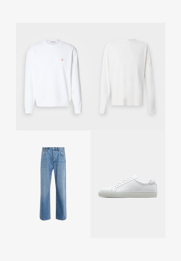 Bílá mikina s dlouhými rukávy, kulatým výstřihem a ribrovými manžetami. Na levé straně hrudi se nachází malé logo v červené a béžové barvě. Hladká textura.; Bílá bavlněná košile s dlouhým rukávem a kulatým výstřihem, s bočními rozparky na spodní části a hladkým povrchem, vystavená zezadu.; Světle modré džínové kalhoty s rovnými nohavicemi, pěti kapsami, zapínáním na knoflík, minimálním vyblednutím a kontrastním prošitím.; Bílé tenisky s hladkým koženým svrškem a nízkým profilem. Mají zaoblenou špičku, šest nýtů a texturovanou gumovou podrážku.