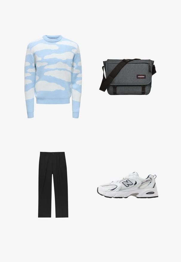 Maglione azzurro chiaro caratterizzato da un knit testurizzato con un motivo a nuvole in bianco. Collo rotondo e polsini e orlo a coste.; Pantaloni neri con un design a gamba dritta, realizzati in un tessuto liscio. Presentano pieghe frontali e una chiusura a un bottone in vita.; Scarpa sportiva bianca con tomaia in mesh, dettagli in blu marino e suola imbottita. Presenta il logo "N", lacci e dettaglio texturizzato sul lato.; Borsa a tracolla grigia con tessuto testurizzato, tracolla nera e chiusura con fibbia. Presenta un'etichetta con logo e una tasca con zip frontale.