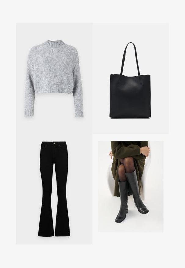 Aware VMMARS HIGH NECK CROPPED - Džemper - light grey; Mustad kõrge vöökohtadega teksad, millel on nööp ja lukuga sulgemine, esikäe taskud ja laienevad sääred, asetatud tasasele valgele taustale.; Knee-high mustad nahast saapad nelinurkse varbaga ja plokilise kontsaga, esitatud mudeli kõrval, kes istub oliivirohelises mantlis. Sujuv tekstuur, minimaalne detailide arv.; Mustast nahast kott sujuva tekstuuriga, ristkülikukujuline ja kahe pika sangaga. Pole nähtavat riistvara ega kaunistusi.