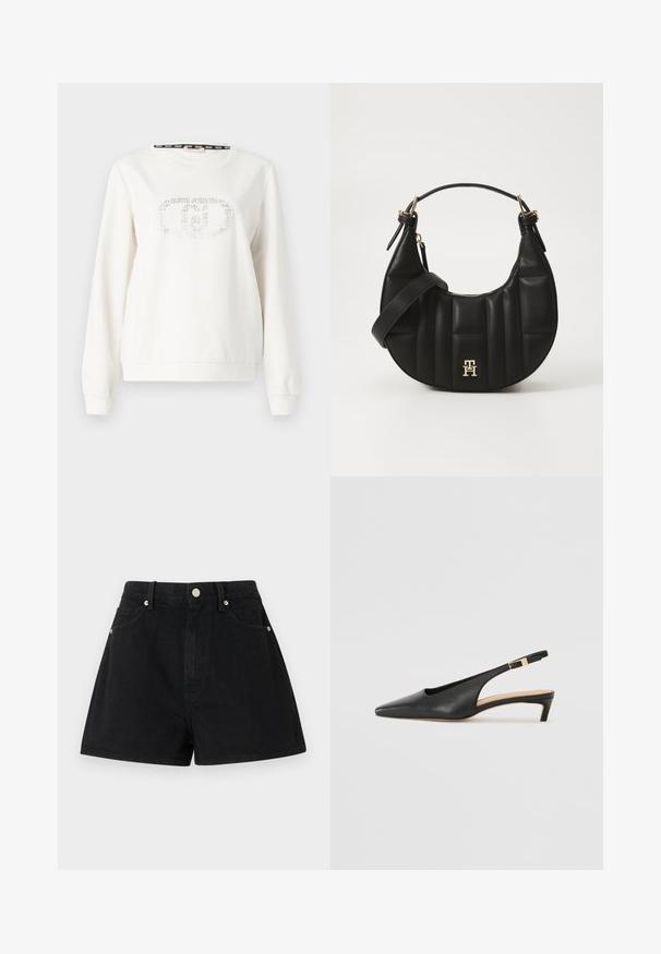 Felpa bianca con maniche lunghe e colletto a girocollo. Presenta un logo testurizzato sul davanti. Realizzata in tessuto morbido e liscio con polsini a costine.; Shorts in denim nero con vita alta, cinque tasche, accessori in metallo argentato e vestibilità standard, caratterizzati da una texture liscia e rifiniture pulite.; Sandal in pelle nera con tacco a punta, tacco basso e cinturino alla caviglia regolabile con fibbia in tono oro. Texture liscia.; Borsa a spalla in pelle nera con forma curva, texture trapuntata e dettagli in oro. Presenta una tracolla removibile e dettaglio del logo.