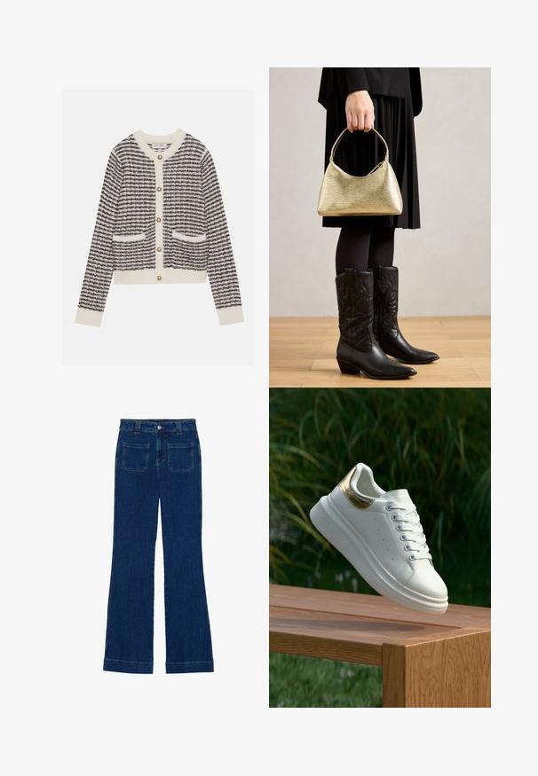 Pleteni kardigan u krem i tamnoplavoj boji s horizontalnim prugama, s okruglim bisernim gumbima i dva prednja džepa. Rebrasti rukavi.; Traperice širokog kroja u tamnoplavoj boji s glatkom teksturom, dizajnom s pet džepova i zatvaranjem na dugme u struku.; Bijela tenisica s zlatnim detaljem na peti lebdi iznad drvene klupe, s pozadinom od zelene trave i visokog bilja.; Zlatna teksturirana torba s zakrivljenim oblikom i kratkom ručkom, koju drži osoba u crnoj plisiranoj suknji i crnim kožnim kaubojskim čizmama.