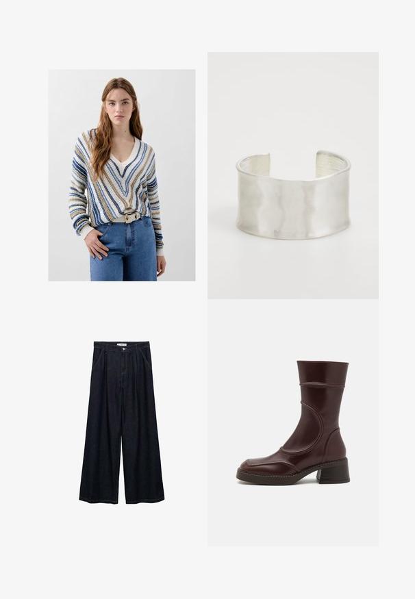 Beige, blaue und weiße gestreifte V-Ausschnitt-Strickjacke mit lockerem Schnitt und gerippten Bündchen. Kombiniert mit hellblauen Jeans und einem weißen Gürtel.; Dunkelblaue, weite High-Waist-Hosen aus Denim mit einem Knopfverschluss vorne, zwei Seitentaschen und Nähdetails.; MIISTA MALENE - Stiefelette - brown; Zign Armband - silver-coloured