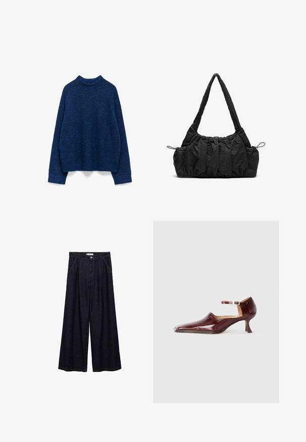 Blauer, gestrickter Pullover mit hohem Kragen, langen Ärmeln und einer lockeren, cropped Passform. Die Textur wirkt weich und flauschig.; Dunkelblaue, weite High-Waist-Hosen aus Denim mit einem Knopfverschluss vorne, zwei Seitentaschen und Nähdetails.; Burgunderfarbenes Lackleder-Schuhwerk mit einer spitzen Zehe, Knöchelriemen und einem 5 cm hohen, konisch zulaufenden Absatz. Glatte Textur und minimalistisches Design.; Schwarze Stoffhandtasche mit geraffter Textur, zwei Schulterträgern und Kordelzugverschluss an den Seiten. Glattes, leichtes Material.