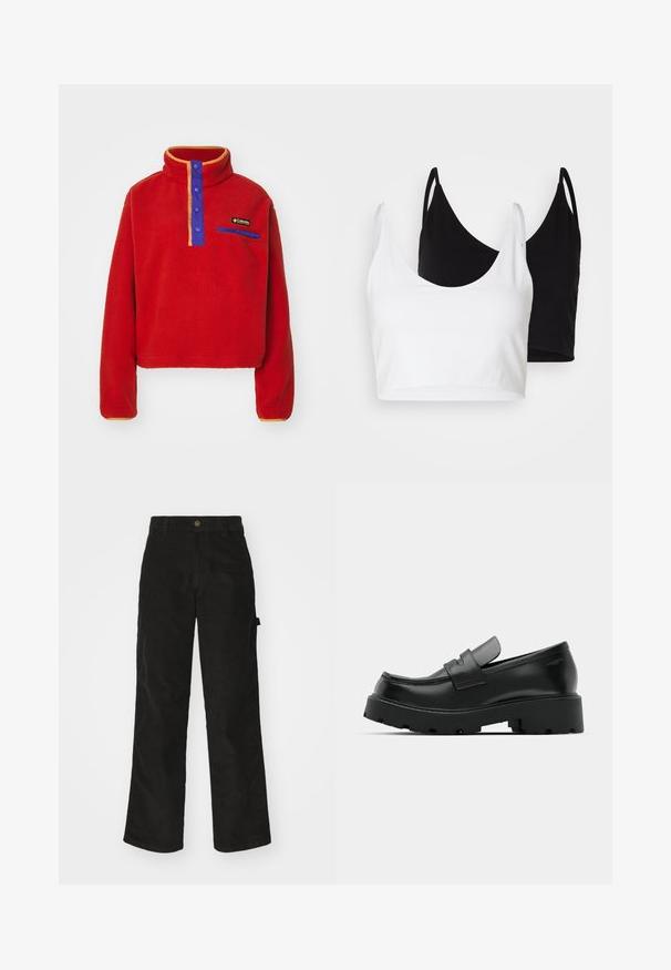 Columbia HELVETIA™ II CROPPED HALF SNAP - Φλις πουλόβερ - sail red; Δύο βαμβακερά τοπ σε λευκό και μαύρο χρώμα. Το καθένα διαθέτει βαθύ ντεκολτέ και λεπτές ραμμένες τιράντες, προσφέροντας μια ομαλή και απαλή υφή.; Μαύρο παντελόνι κοτλέ με ίσια γραμμή, διαθέτει κλείσιμο με κουμπί και πλαϊνές τσέπες. Απαλή υφή με λεπτές κατακόρυφες ρίγες.; Μαύρα δερμάτινα loafers με χοντρή υφασμάτινη σόλα, που διαθέτουν λωρίδα πάνω από το βεντ και λείο, γυαλισμένο φινίρισμα.