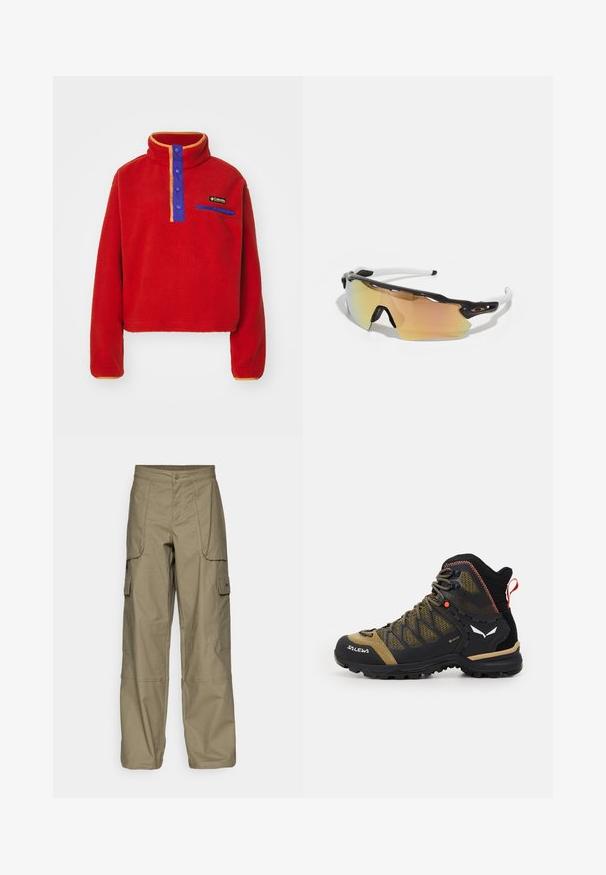 Columbia HELVETIA™ II CROPPED HALF SNAP - Fleecepaita - sail red; Vihreät cargo-housut, joissa on väljä malli, useita sivutaskuja ja nappikiinnitys vyötäröllä. Silkkinen pinta.; Kävelykengät mid-korkeudella mustana ja oliivinvihreänä, joissa on verkkokangas yläosa, kumipohja ja teksturoituja yksityiskohtia takana olevaan vetotikkuun.; Auringonlaskulasit, joissa on musta-valkoinen kehys, isot peilipinnat kultaisina ja vaaleanpunaisina sävyinä, aerodynaaminen muotoilu ja pidennetty ulkorimma.
