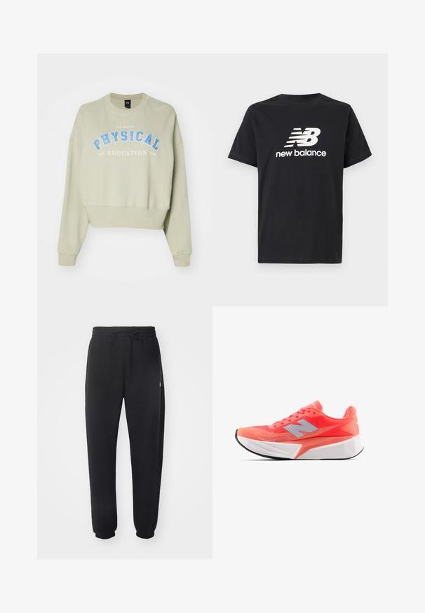 Avklippt sweatshirt i mjuk, ljusgrön bomull med blått tryck "FYSISK UTVECKLING". Har ribbade ärmslut och rundad halsringning.; Svart bomull T-shirt med en vit New Balance-logotyp och grafisk design på framsidan. Korta ärmar och rundad hals.; Svarta sweatpants gjorda av mjukt material med elastisk midja, snörning och smalnande mudd, med en subtil logotyp på sidan.; Lättviktslöparsko i klar korall med ovandel i mesh och silverlogotyp. Distinkt texturerad vit mellansula och svart gummiyttersula.