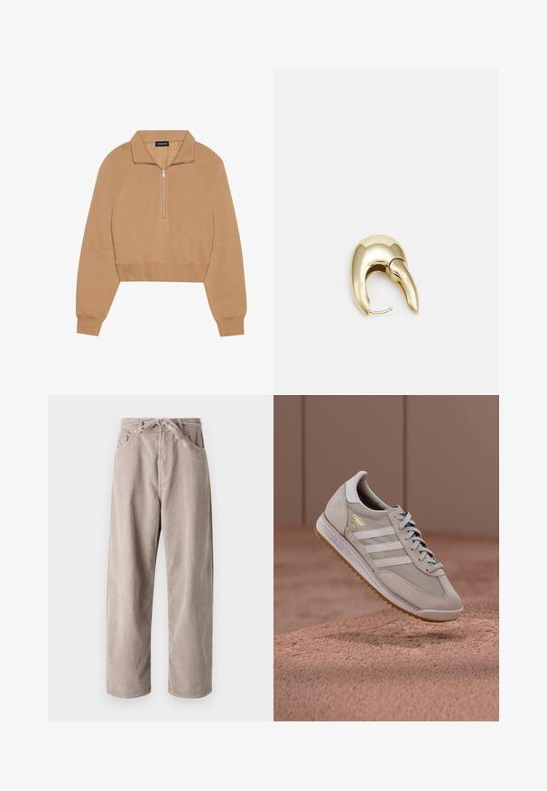 Even&Odd Sweater - tan; Beige corduroybroek met een losse pasvorm, voorzien van een tailleband met trekkoord, twee voortassen en een verticale ribbelstructuur.; Beige sneakers met een bovenwerk van suède en mesh, witte drie strepen, buitenzool van natuurlijk rubber, blauwe veters en gouden accenten in het logo. Klassiek retroontwerp.; Gouden metalen oorbel met een slank, gebogen ontwerp. Beschikt over een kenmerkende puntige vorm, gepolijste oppervlakte en scharnier sluiting.