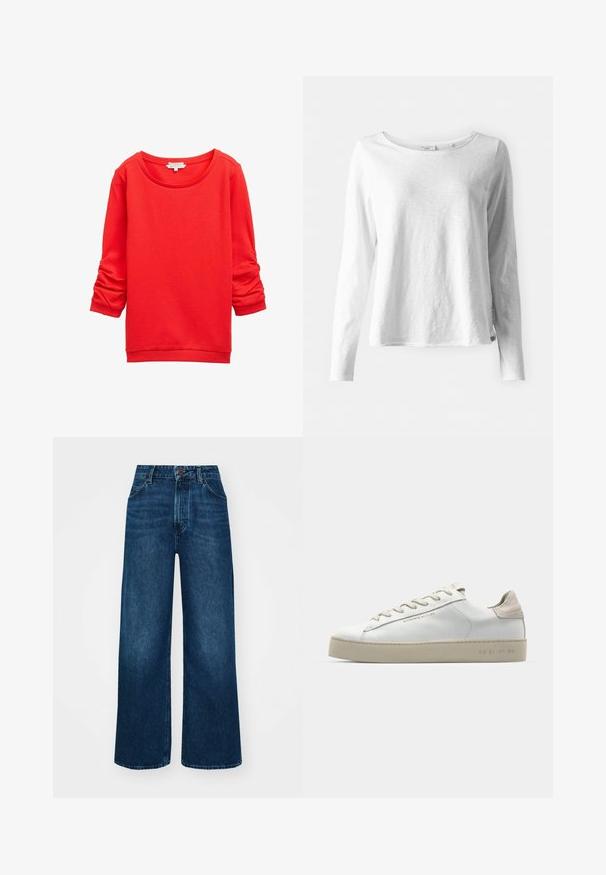 Sweat-shirt rouge avec un col rond, des manches longues avec des détails froncés et un motif de tissu texturé. Poignets et ourlet côtelés.; T-shirt blanc à manches longues en tissu doux et léger; doté d'un col rond et d'un ajustement légèrement décontracté; étiquette visible sur le côté.; Jeans taille haute et à jambes larges en denim bleu foncé avec une texture lisse, des coutures contrastantes et un design à cinq poches. Fermeture à bouton à l'avant.; Sneaker en cuir blanc avec une finition lisse, accents en suède beige, bout arrondi, design à lacets plats et semelle en caoutchouc texturée.