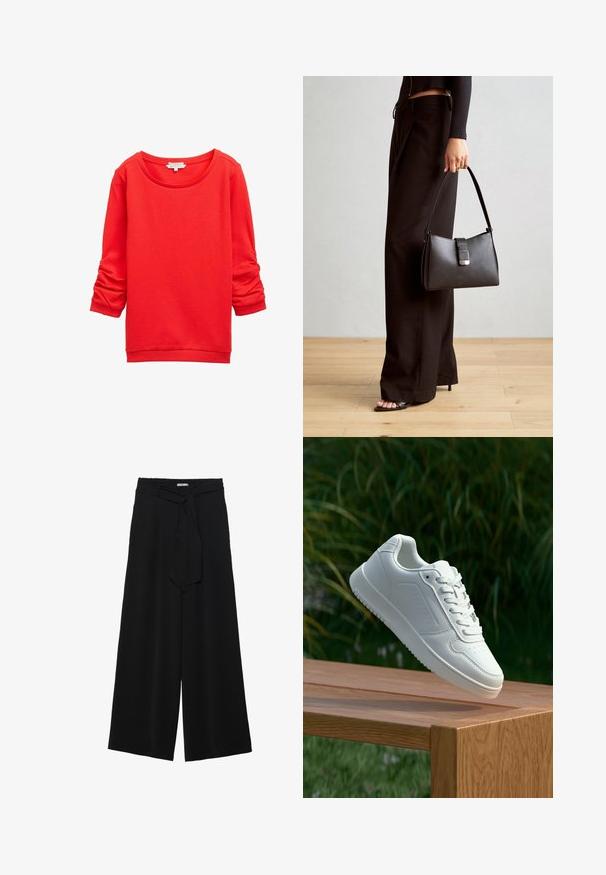 Rød sweatshirt med rund halsudskæring, lange ærmer med samlingsdetaljer og et tekstureret stofmønster. Ribstrikkede manchetter og kant.; Sorte vide bukser i en tekstureret stofkvalitet, med elastisk talje og et aftageligt bånd i taljen for justerbar pasform.; Hvid sneaker med en glat syntetisk overdel, perforeret tåboks, flade snørebånd og en tekstureret sål, præsenteret på en træoverflade.; Sort håndtaske med struktureret form, glat overflade og metalspænde. Sammen med brede sorte bukser og sandaler med åben tå på trægulv.