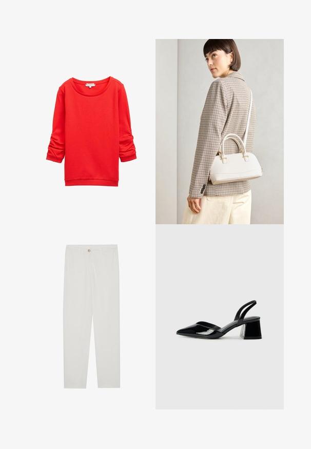 Sarkana sporta jakas ar noapaļotu kakla izgriezumu, garām piedurknēm ar salocījuma detalēm un teksturētu auduma rakstu. Ribota aproces un apakšmala.; Baltas, pielāgots bikses ar taisnu kāju dizainu, ar pogu aizdari, jostu cilpām un sānu kabatām; gluda auduma tekstūra.; Melna lakota āda ar atvērto papēdi, ar smailu purngalu un ģeometrisku blokpapēdi. Iezīmējas elegants, minimāls dizains un gluda tekstūra.; Balta strukturēta roku soma ar īsām rokturiem un plecu siksnu, ar zelta aparatūras akcentiem un strukturētu materiālu, izstādīta uz pelēka fona.