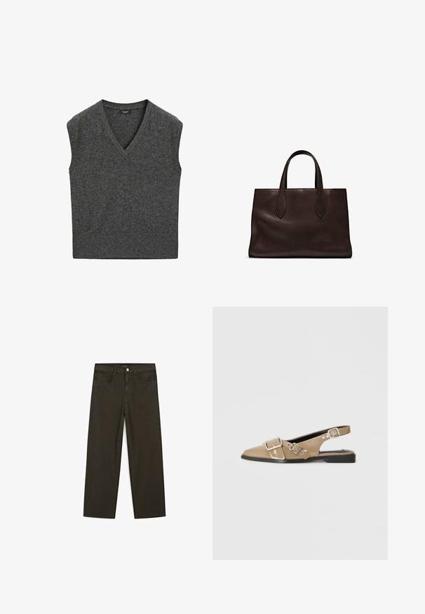 Šedý bezrukávový svetr s výstřihem do V, vyrobený z měkké pleteniny. Má ribbený lem a hladkou texturu po celém povrchu.; Černé tričko s véčkovým výstřihem a krátkými rukávy, vyrobené z měkké a hladké tkaniny. Má uvolněný střih a jednoduchý design bez vzorů nebo akcentů.; Tmavě zelené široké džínsy vyrobené z bavlněné směsi, s předním zapínáním na knoflík, pěti kapsami a klasickým denimovým stehem.; Béžové lakované nazouváky s špičatou špičkou, dvěma nastavitelnými přezkami a nízkým černým podpatkem. Hladký povrch s lesklým finišem.; Hnědá kožená taška přes rameno s dvěma dlouhými uchy, strukturální obdélníkový tvar, hladká textura a jemné švy.