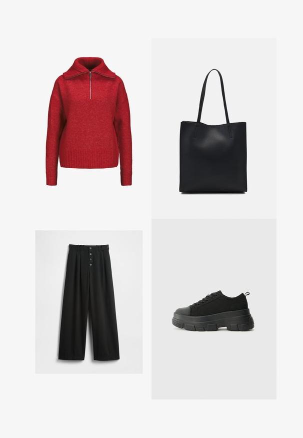 Raudona užtrauktuko megztinio striukė su aukštu, riestu apykakle. Minkšta tekstūra, laisvas kirpimas ir riesti rankogaliai bei apačia. Pagaminta iš šilto medžiagos.; Plačios juodos kelnės, pagamintos iš tekstūruoto audinio. Su aukštu liemeniu, penkių mygtukų priekinis uždarymas ir paspaustos klostės, kad suteiktų papildomą detalę.; Juodos sportinės bateliai su stambiu guminiais padu, tekstūrizuotu audinio viršumi, apvaliu pirštu ir raištelių uždarymu. Yra sutvirtinti akių angos ir nugaros kilputė.; Juodas odinis tote krepšys su lygia tekstūra, stačiakampio formos ir dviem ilgais rankenomis. Matomų metalinių detalių ar puošybos nėra.