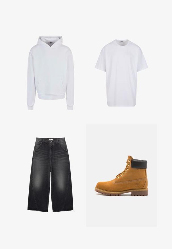 Hanorac alb cu glugă, prezentând un buzunar tip kangaroo în față, manșete și tiv cu nervuri. Fabricat dintr-un material moale cu o textură netedă.; Tricou alb din bumbac cu mâneci scurte, decolteu rotund, croială lejeră și fără logo-uri sau modele vizibile. Textură netedă și design minimalist.; PULL&BEAR MEGA BAGGY - Blugi largi - black; Cizmă de gleznă din întoarsă de culoare bej, cu guler negru căptușit, ochiuri din metal auriu, detalii de cusătură albă și talpă din cauciuc robustă, cu un model pronunțat.