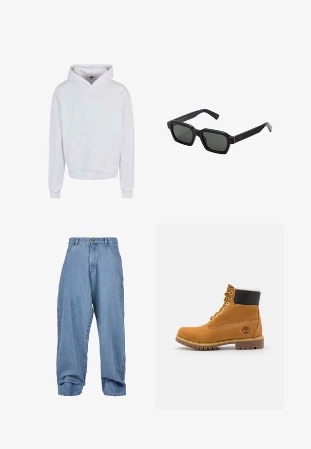 Bijela dukserica s kapuljačom koja ima prednju kenguru džep, rebraste manžete i donji rub. Izrađena od mekanog materijala s glatkom teksturom.; Svijetloplave traperice s opuštenim krojem, kopčanje na gumb, prednji džepovi i manžetna, s klasičnim dizajnom od pet džepova.; Smeđi kožni gležnjača sa metalnim okovima, bijelim krznom obloženim unutrašnjim dijelom, crnim podstavljenim okovratnikom, robusnom potplatom i utisnutim logoom na strani.; Crne, četvrtaste sunčane naočale s sivim lećama. Debeli plastični okviri imaju zlatne naglaske i brendiranje na sljepoočnicama. Glatka tekstura.