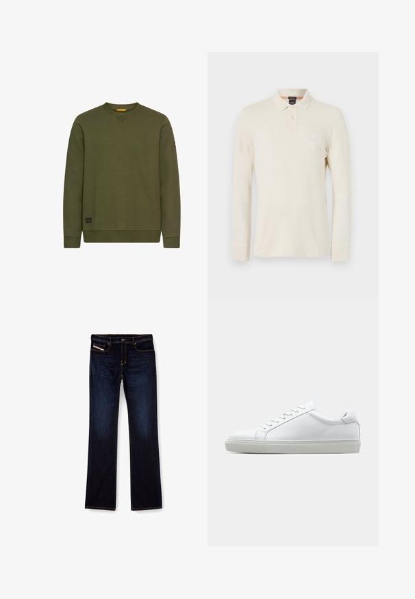 Olijfgroene sweatshirt met lange mouwen en ronde hals, voorzien van ribgebreide boorden en onderrand, een klein zwart merkpatch nabij de onderrand en een logopatch op de linker mouw.; Langarm polo shirt in lichtbeige, gemaakt van gladde stof, met een polokraag, een knoopsluiting met twee knopen en een klein logopatch op de borst.; Donkerblauwe denim jeans met een rechte pijp, voorzien van oranje stiksels, een ritssluiting en voorzakken. Glad oppervlak en een standaard tailleband.; Witte sneaker met een gladlederen bovenwerk en een laag profiel. Voorzien van een ronde neus, zes vetergaatjes en een gestructureerde rubberen zool.