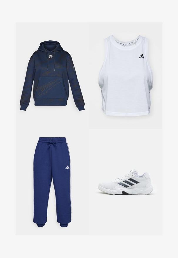 Tamsiai mėlyna gobtuvu striukė su tekstūruotu raštu, kengūros kišenė ir raištelis ant gobtuvo. Puošta baltu logotipu ant krūtinės ir juodais akcentais.; Balta trumpa vientisa maikutė, pagaminta iš lengvos medžiagos, su apvaliu iškirpimu. Kairėje pusėje yra juodas logotipas, o medžiaga maloni ir lygi.; Jūriniai sportiniai kelnės iš minkštos medžiagos, su baltais šonais, elastinga liemeniu su reguliuojama virvele ir elastiniais rankogaliais.; Baltas sportinis batelis su tinklelio viršumi, trimis juodomis juostelėmis šone, tekstūruotais akcentais ir tvirtu guminio pado su kontrastinga juoda dalimi.