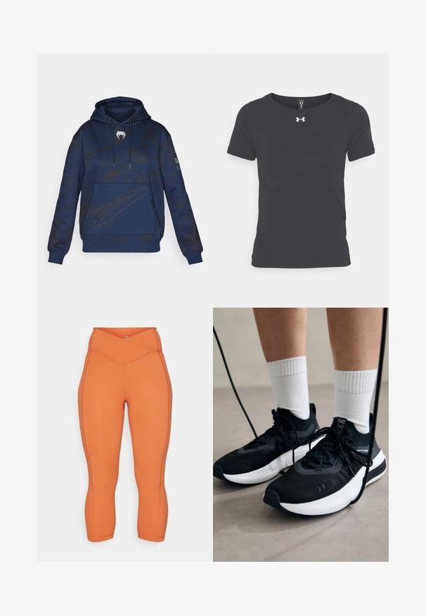 Tamsiai mėlyna gobtuvu striukė su tekstūruotu raštu, kengūros kišenė ir raištelis ant gobtuvo. Puošta baltu logotipu ant krūtinės ir juodais akcentais.; Juodas trumpas rankovėmis sportinis marškinėliai, pagaminti iš lengvos medžiagos, su apvaliu iškirpimu ir Under Armour logotipu ant krūtinės.; Oranžinės capri kelnės, pagamintos iš tamprios medžiagos. Yra aukštas, kryžminis juosmens diržas ir kontrastinga siuvinėjimo linija šonuose.; Juodi sportiniai batai su tekstūruotu audiniu, balta padu ir juodais raiščiais. Dėvimi su baltais raištiniais kojiniais, stovint lengvame paviršiuje.