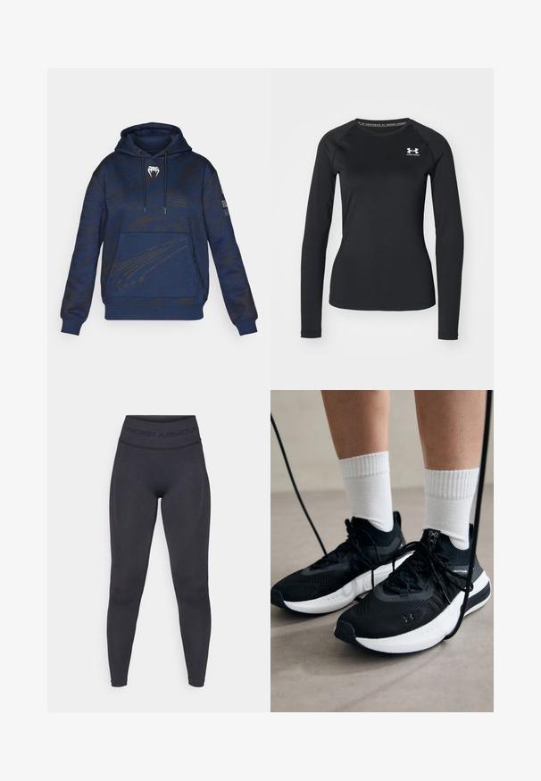 Sweatshirt azul-marinho com um padrão texturizado, bolso canguru e capuz com cordão. Apresenta um logótipo branco no peito e detalhes pretos.; Camisola atlética de manga longa preta, feita de tecido suave, com decote redondo e um pequeno logótipo branco no lado esquerdo do peito.; Leggings pretos com uma cintura elástica alta apresentando o texto "UNDER ARMOUR". Textura suave com detalhes de padrão discreto ao longo das pernas.; Sapatilhas desportivas pretas com tecido texturizado, sola branca e atacadores pretos. Usadas com meias brancas caneladas, a pé sobre uma superfície clara.