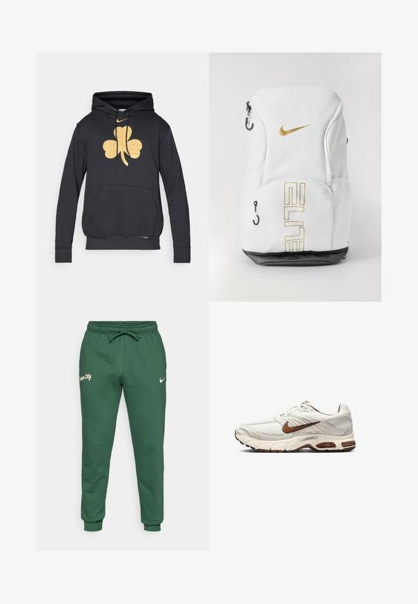 Fekete kapucnis pulóver nagy arany lóhere mintával az elején, húzózsinóros kapucnival és elülső zsebbel. Puha, texturált anyag.; Puha anyagból készült zöld sportnadrág, állítható derékkal, elasztikus mandzsettákkal, a bal lábon "Dream City" felirattal és Nike logóval.; Nike sportcipők tört fehér színben, textúrázott hálós felsőrésszel, barna részletekkel és párnázott talppal. Könnyű kivitel, lekerekített orr és fűzős záródás jellemzi.; Fehér Nike hátizsák arany logóval és "ELITE" felirattal, cipzáras záródásokkal, hálós oldalsó zsebekkel és fekete aljjal. Simább textúra.