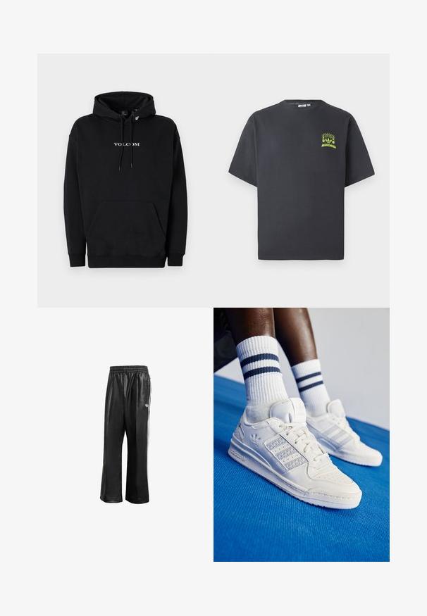 Sort sweatshirt med hætte lavet af bomuldsblanding, med en frontlomme, snørrelukning i huen og "VOLCOM" logo i hvid skrift.; Kulgrå Adidas T-shirt med korte ærmer og en lille neon grøn grafik af højttalere, sol og Adidas-logo på venstre bryst.; Sorte syntetiske træningsbukser med elastisk talje, prydet med hvide side-striber og et lille hvidt logo på venstre hofte.; Hvide læder sneakers med perforerede detaljer, tre metalliske striber og en struktureret sidepanel. Båret med hvide sokker med blå striber.