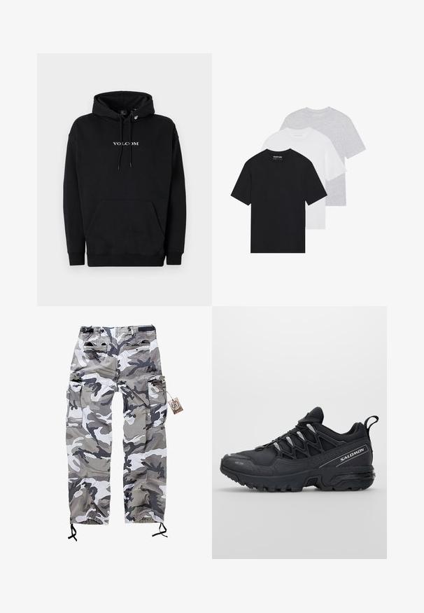 Hanorac negru dintr-un amestec de bumbac, dotat cu o buzunar frontal, glugă cu șnur și logo-ul "VOLCOM" scris cu litere albe.; Set de trei tricouri basic în negru, alb și gri deschis. Mâneci scurte, guler rotund, fabricate dintr-un material de bumbac neted. Logo-ul brandului este vizibil.; Pantaloni cargo camuflați în nuanțe de gri și alb, cu multiple buzunare și un șnur la manșete pentru o ajustare confortabilă.; Pantofi sport negri cu o parte superioară din plasă, talpă din cauciuc și accente reflexive. Prezintă o talpă căptușită și un design cu șireturi.