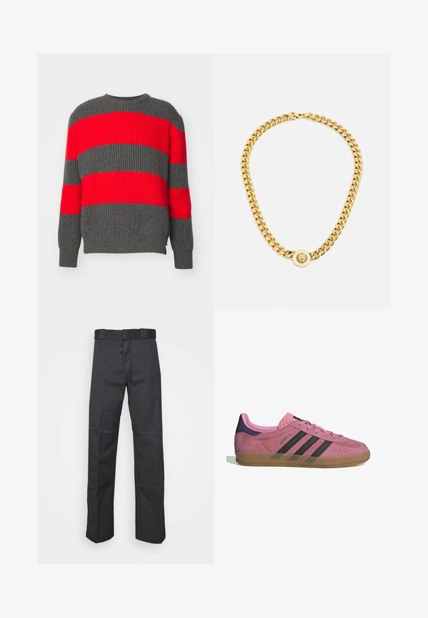 Geribbelde trui met rode en grijze horizontale strepen. Klassiek ontwerp met ronde hals, lange mouwen en gebreide textuur.; Zwarte broek van duurzaam materiaal, met een rechte pijpdesign, een tailleband met riemlussen en naden voor extra textuur.; Roze suède sneaker met zwarte strepen, rubberen zool en textuur op de paarse hak. Voorzien van een vetersluiting en opgedrukte merknaam aan de zijkant.; Gouden ketting met grote onderling verbonden schakels, met een ronde hanger in het midden met een verhoogd embleem.